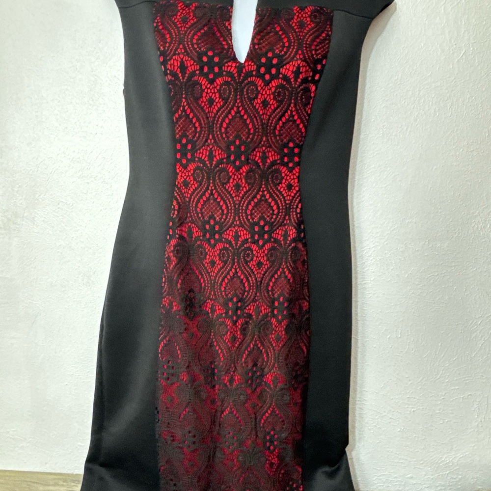 Connected Apparel Black and Red Lace Midi Dress